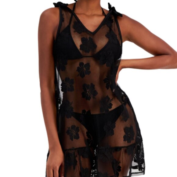 NWT Miken Juniors' Shoulder Tie Mesh Floral Coverup Dress Sizes S-L $30 8B519 - Picture 2 of 3